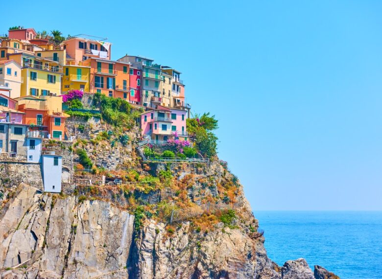 Small italian town with colorful buildings on the rock by the sea, Manarola, Cinque Terre, Italy. Copyspace composition